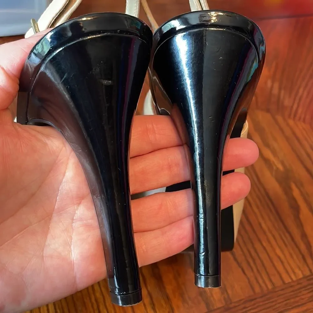 Nine West ivory leather black patent and gold accent slingback platform heels